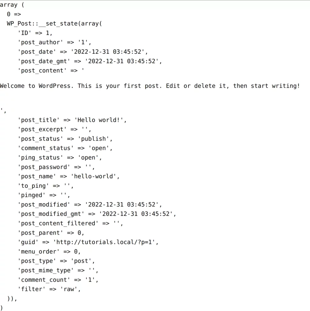 Screenshot of the output of var_export on a variable housing the result of a get_posts call. 